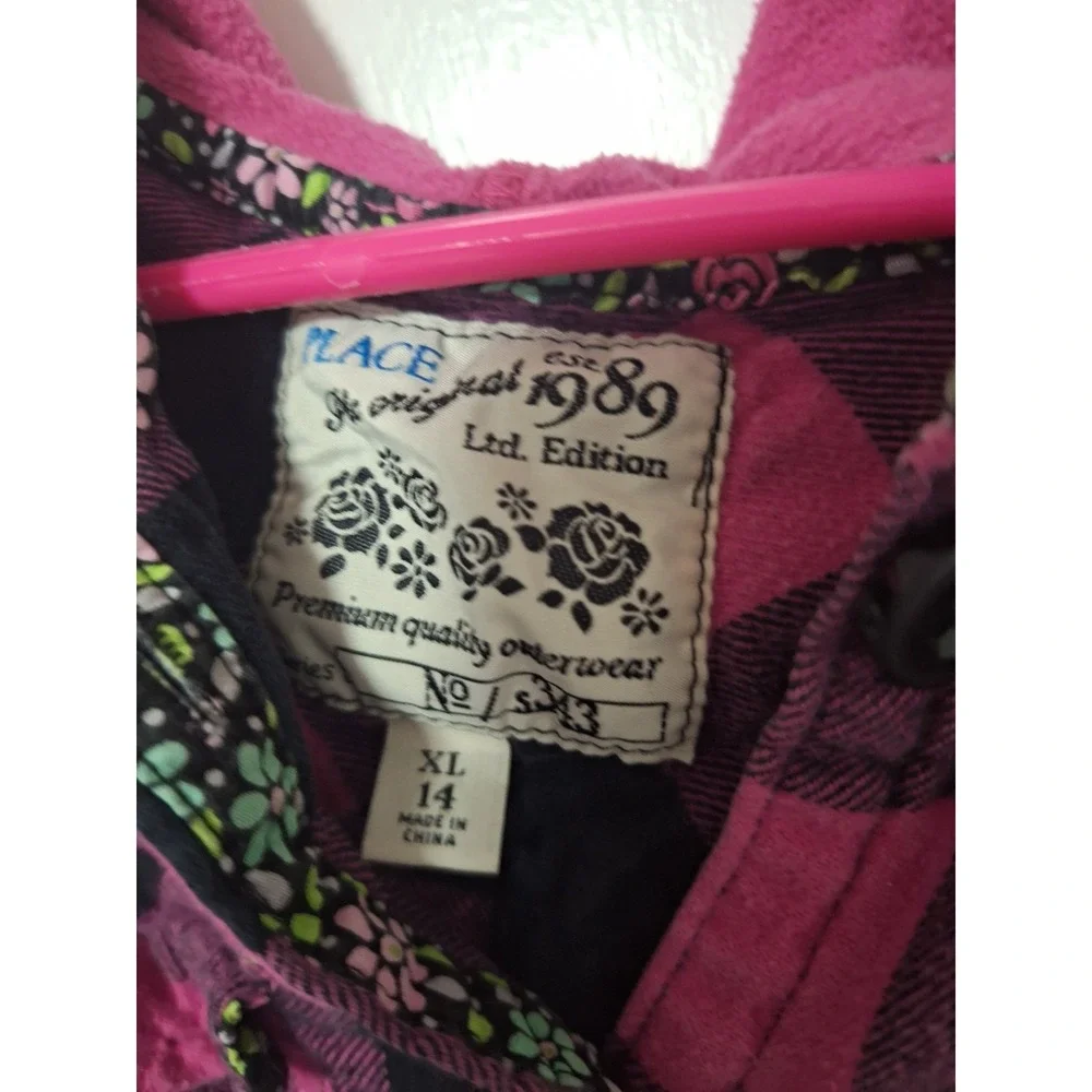 The Place Original 1989 Girls XL 14 Pink Black Plaid Hooded Flannel Shirt